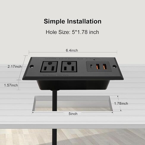 20W Recessed Power Strip USB C Fast Charge Desk Power Outlet Type C Flush Mounted Extension Power Plug for Conference Countertop Desktop Drawer Sofa ETL Listed (Black) in Saudi Arabia