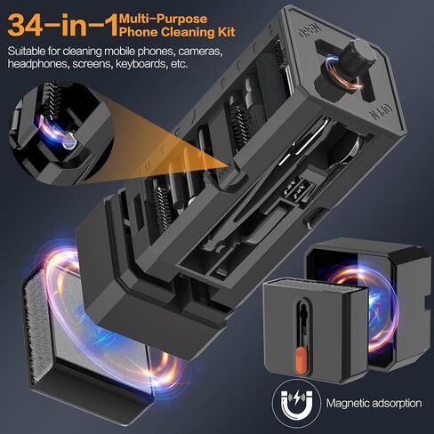 34-in-1 لمجموعة طقم تنظيف iPhone ، مجموعة مجموعة تنظيف لوحة المفاتيح متعددة الوظائف ، محمول مع حالة تخزين محمولة لـ AirPods لوحة مفاتيح الشحن الكاميرا Camera Camera Port Port Black in Kuwait