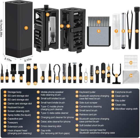 34-in-1 لمجموعة طقم تنظيف iPhone ، مجموعة مجموعة تنظيف لوحة المفاتيح متعددة الوظائف ، محمول مع حالة تخزين محمولة لـ AirPods لوحة مفاتيح الشحن الكاميرا Camera Camera Port Port Black in Kuwait