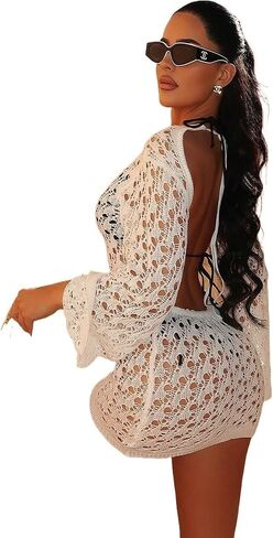 swimsuit coverup for women Knit Backless Lace-Up Long Sleeve Sexy & Beach Cover Up Mini Dress in Saudi Arabia