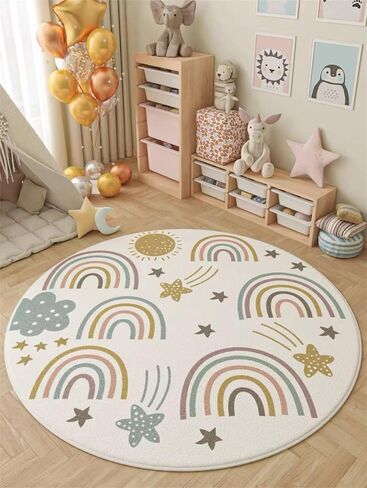 Rainbow Sunshine Area Rug, 5ft Bohemian Kids Room Round Rug, Living Room Decoration Rainbow Rug, Suitable for Children Girls Bedroom, Living Room, Classroom, Non-Slip Washable Decorative Rug in Kuwait