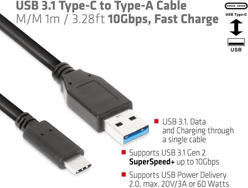 Club3D CAC-1523 USB 3.1 Type-C to USB Type-A Cable, Black in Kuwait