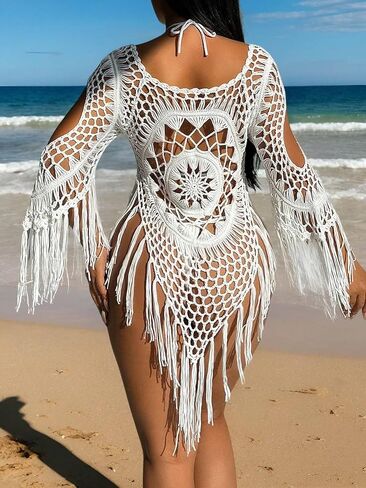 swimsuit coverup for women Sleeve Hollow Out Shoulder Beach Cover Up Dress in Saudi Arabia
