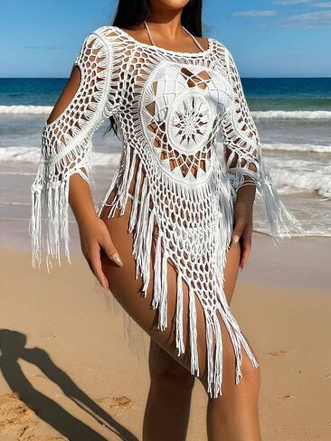 swimsuit coverup for women Sleeve Hollow Out Shoulder Beach Cover Up Dress in Saudi Arabia