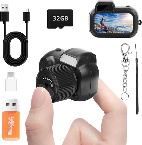 كاميرا Mini Keychain ، FHD 1080p مع بطاقة SD 32 جيجابايت ، محولات OTG ، قراء البطاقات ، ثمانية مرشحات ، 100 دقيقة عمر البطارية الكاميرا الرقمية الصغيرة لتسجيل دراسة الهدايا (الأسود ، 32 جيجابايت) in Kuwait