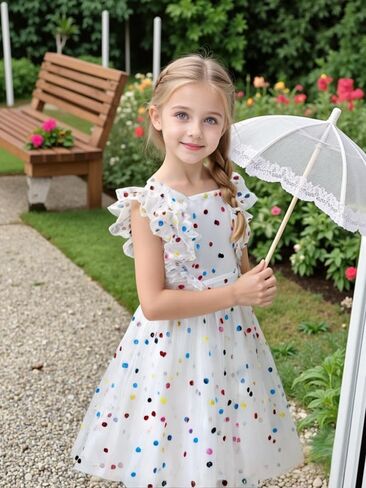 AGQT Girls Birthday Party Dress Polka Dots Sequin Star-Light Princess Tulle Wedding Pageant Evening Gown 3-10 Years in Kuwait