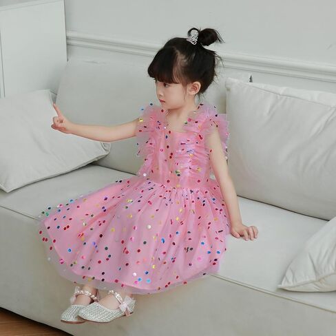 Agqt Girls Birthdy Party Dress Polka Dots Sequin Star-Light Princess Tulle Wedding Pageant Bessing Evening 3-10 Years in Kuwait