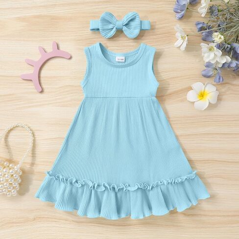 YOUNGER TREE Toddler Girl Summer Sundress Sleeveless Casual Dress Ruffle Hem Cotton Solid Outfits with Bowknot in Saudi Arabia