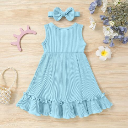 YOUNGER TREE Toddler Girl Summer Sundress Sleeveless Casual Dress Ruffle Hem Cotton Solid Outfits with Bowknot in Saudi Arabia