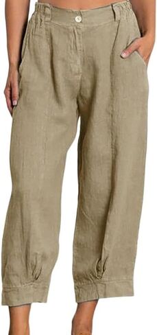 Women's Trousers Cotton and Linen Straight Leg Casual Cropped Pants Beach Vacation Capri Linen Pant with Pockets in Saudi Arabia