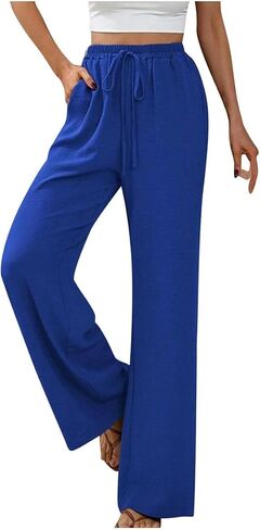 High Waist Wide Leg Linen Pants for Women Solid Color Elastic Drawstring Palazzo Pants Beach Trousers with Pockets in Saudi Arabia