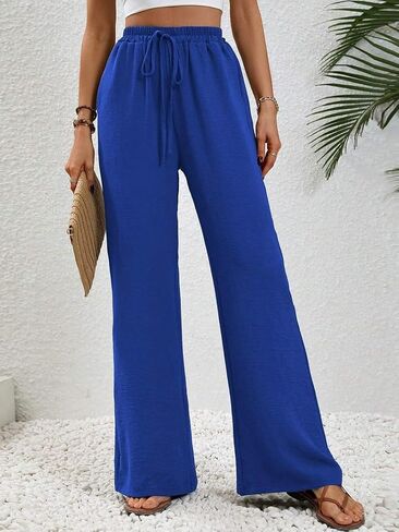 High Waist Wide Leg Linen Pants for Women Solid Color Elastic Drawstring Palazzo Pants Beach Trousers with Pockets in Saudi Arabia