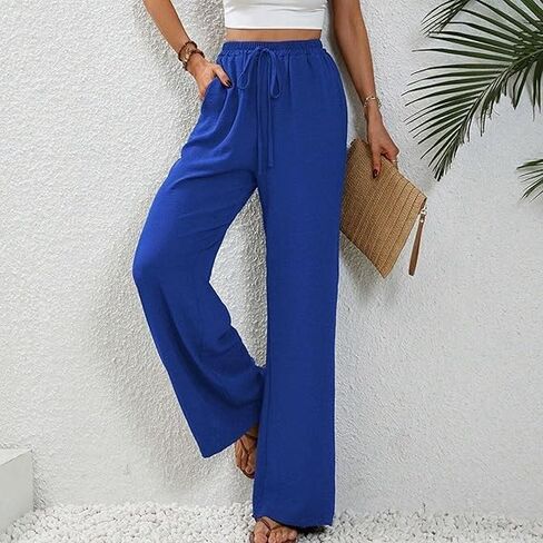 High Waist Wide Leg Linen Pants for Women Solid Color Elastic Drawstring Palazzo Pants Beach Trousers with Pockets in Saudi Arabia