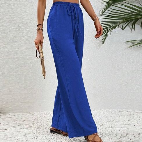 High Waist Wide Leg Linen Pants for Women Solid Color Elastic Drawstring Palazzo Pants Beach Trousers with Pockets in Saudi Arabia