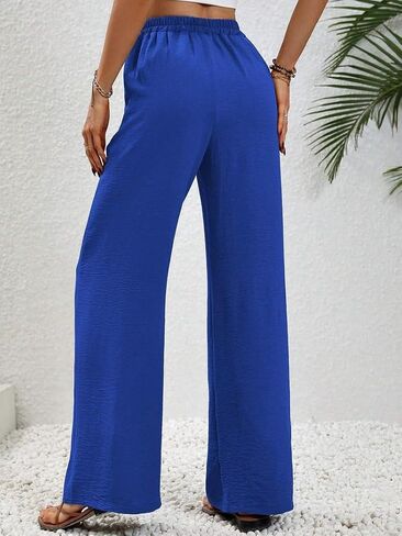 High Waist Wide Leg Linen Pants for Women Solid Color Elastic Drawstring Palazzo Pants Beach Trousers with Pockets in Saudi Arabia
