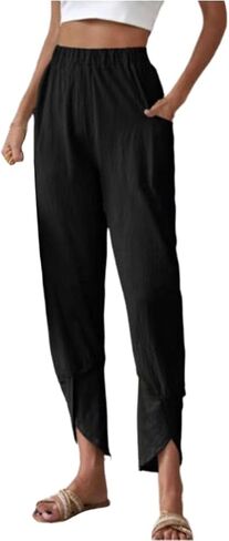 Women's Elastic Waisted Tapered Pant Casual Loose Elastic Waist Trousers Lightweight Lounge Pants with Pockets in Saudi Arabia