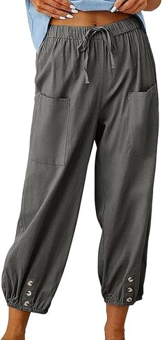 Women's High-Waist Button Cotton Linen Pants Drawstring Straight Wide Leg Pant Beach Capri Trouser with Pockets in Saudi Arabia