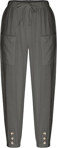 Women's High-Waist Button Cotton Linen Pants Drawstring Straight Wide Leg Pant Beach Capri Trouser with Pockets in Saudi Arabia
