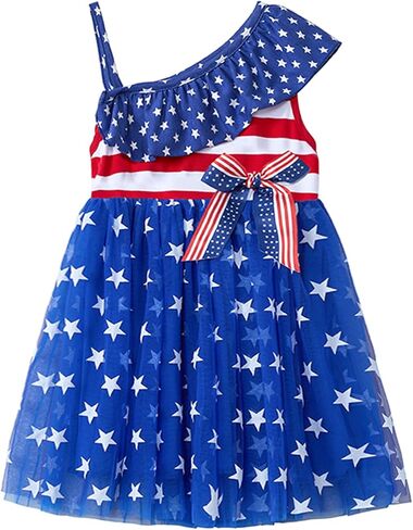 Niyage Toddler Dress Girls 4th of July Independence Baby Stars Stripes American Flag Ruffles One Shoulder Tulle Tutu Sundress in Kuwait