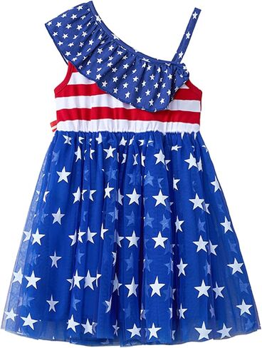 Niyage Toddler Dress Girls 4th of July Independence Baby Stars Stripes American Flag Ruffles One Shoulder Tulle Tutu Sundress in Kuwait
