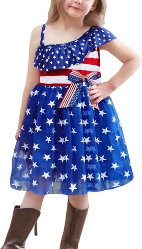 Niyage Toddler Dress Girls 4th of July Independence Baby Stars Stripes American Flag Ruffles One Shoulder Tulle Tutu Sundress in Kuwait