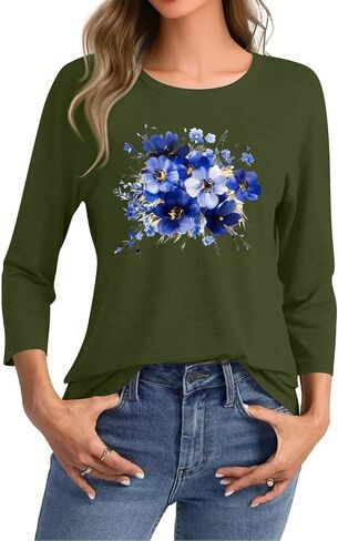 3/4 Length Sleeve Womens Tops Workout Hawaiian Shirts for Women Going Out Cute Summer Blouse Summer Graphic Tees in Kuwait