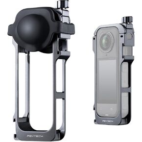 PGYTECH Camera Cage for Insta360 X5, Durable Aluminum Alloy Protective Case with Quick Release Knob, Built-in Cold Shoe Mounts and 1/4" Threads, Silicone Lens Cover Action Camera Frame