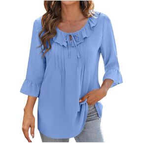 Womens Business Casual Tops Ruffle Tie V Neck Bell 3/4 Sleeve Pleated Tunic Shirts Dressy Work Summer Pleated Blouse