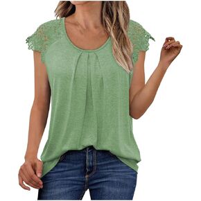 Womens Tops Scoop Neck Lace Cap Sleeve Tshirts Casual Cute T Shirts Trendy Summer Clothes Hollow Out Basics Tee