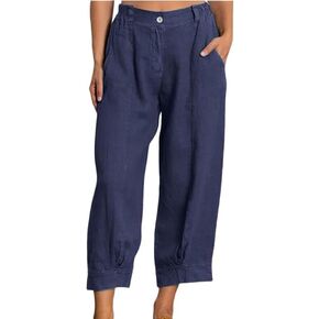Women's Trousers Cotton and Linen Straight Leg Casual Cropped Pants Beach Vacation Capri Linen Pant with Pockets