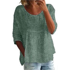 Cotton Linen Shirt for Women Striped 3/4 Sleeve Tops Summer Casual Round Neck Pullover Blouse Oversized Tunic Tshirt