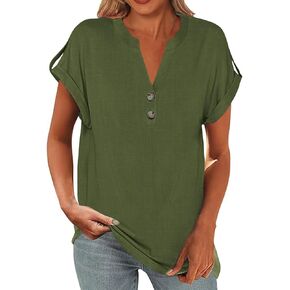 Womens Summer Casual Tops Short Sleeve Button V Neck Shirts Dressy Work Business Blouses Solid Color Tee Cute Tshirt