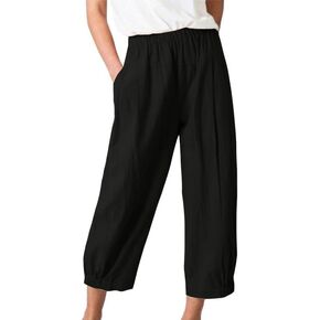 Women's Loose Fit Harem Pants High-Waisted Cotton Linen Cropped Pant Straight Wide Leg Beach Trouser with Pockets