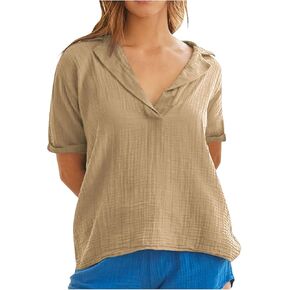 Cotton Linen Tops for Women Summer Work Shirts Trendy Plus Size Collared V Neck Tops Casual Blouses Clothes Outfits