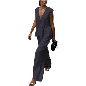 Dawery Pink Cotton Linen 2 Piece Set Women Summer Elegant Outfit Sleeveless Ruffles Tank Top and Loose Wide-leg Pants Sets