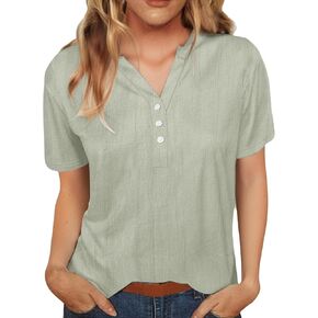 Cotton Linen Shirts for Women V Neck Button V Neck Blouse Short Sleeve Office Work Tops Vintage Vacation Tees Outfit