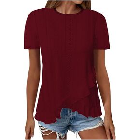 Womens Short Sleeve Tops Crew Neck Casual Flowy Tunic Tops Loose Fit Blouse Ruffle Irregular Curved Hem Summer Shirt