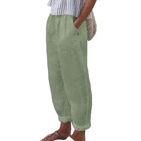 Cotton Linen Sweatpants for Women Casual Elastic Waist Straight Wide Leg Pants Crop Trousers Beach Vacation Pant