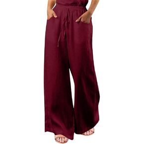 Women's Casual Cotton and Linen Wide-Leg Pant Elastic Waist Drawstring Long Pants Beach Straight Leg Sweatpants