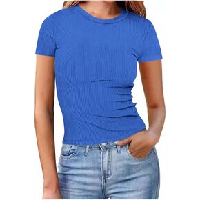 Women's Crew Neck Ribbed Knit Tops Short Sleeve Slim Fitted T Shirts Casual Basic Tee Sweater Tops Going Out Tshirt