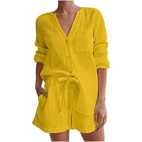 Linen Two Piece Set for Women Long Sleeve Button down Shirt and Shorts Tracksuit Lounge Set Fashion Trendy Clothes