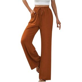 High Waist Wide Leg Linen Pants for Women Solid Color Elastic Drawstring Palazzo Pants Beach Trousers with Pockets
