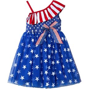Niyage Toddler Dress Girls 4th of July Independence Baby Stars Stripes American Flag Ruffles One Shoulder Tulle Tutu Sundress