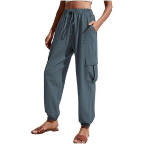 Lightweight Casual Cargo Pants for Women Leisure Elastic Waisted Drawstring Pants Beach Trousers with Pockets