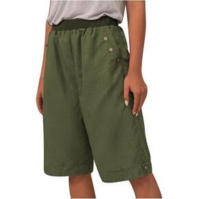 Womens Knee Length Lounge Short Solid Color Buttons Straight Cotton Linen Shorts Elastic Waist Casual Pocket Short