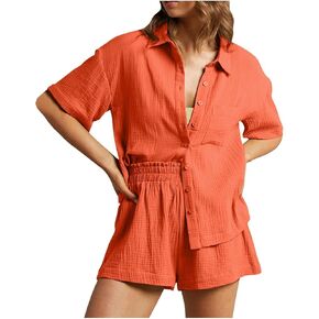 Linen Shorts Set for Women Short Sleeve Button down Shirts Matching Boxer Shorts Set Loungewear Fashion Trendy Clothes