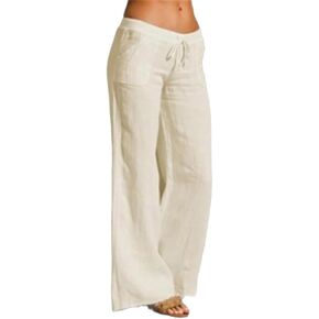 Women's Casual High Waisted Linen Pants Relaxed-Fit Wide Leg Drawstring Pants Beach Palazzo Pants with Pockets in Saudi Arabia