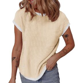 Womens Textured T Shirts Crewneck Short Sleeve Tops Summer Casual Blouse Fashion Color Block Basic Tee with Pocket