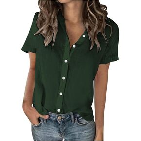 Summer Cotton Linen Work Tops for Women Trendy Button Down V Neck Shirts Summer Tee Blouse Business Clothes Outfits