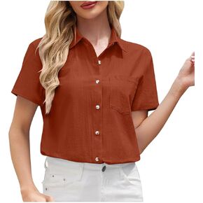 قمصان الكتان القطني للسيدات بزر القمصان القصيرة لأسفل لأسفل v tshirt tshirt عرض أعمال عمل غير رسمية مع جيبين